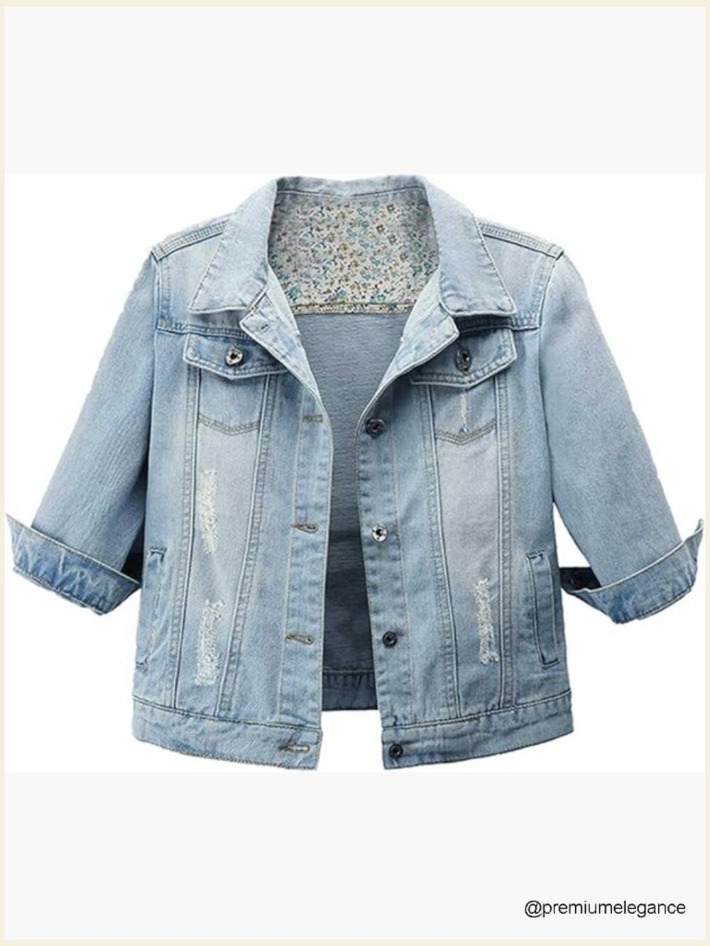 Retro 3/4 Sleeve Cropped Denim Jacket Button Front Distressed